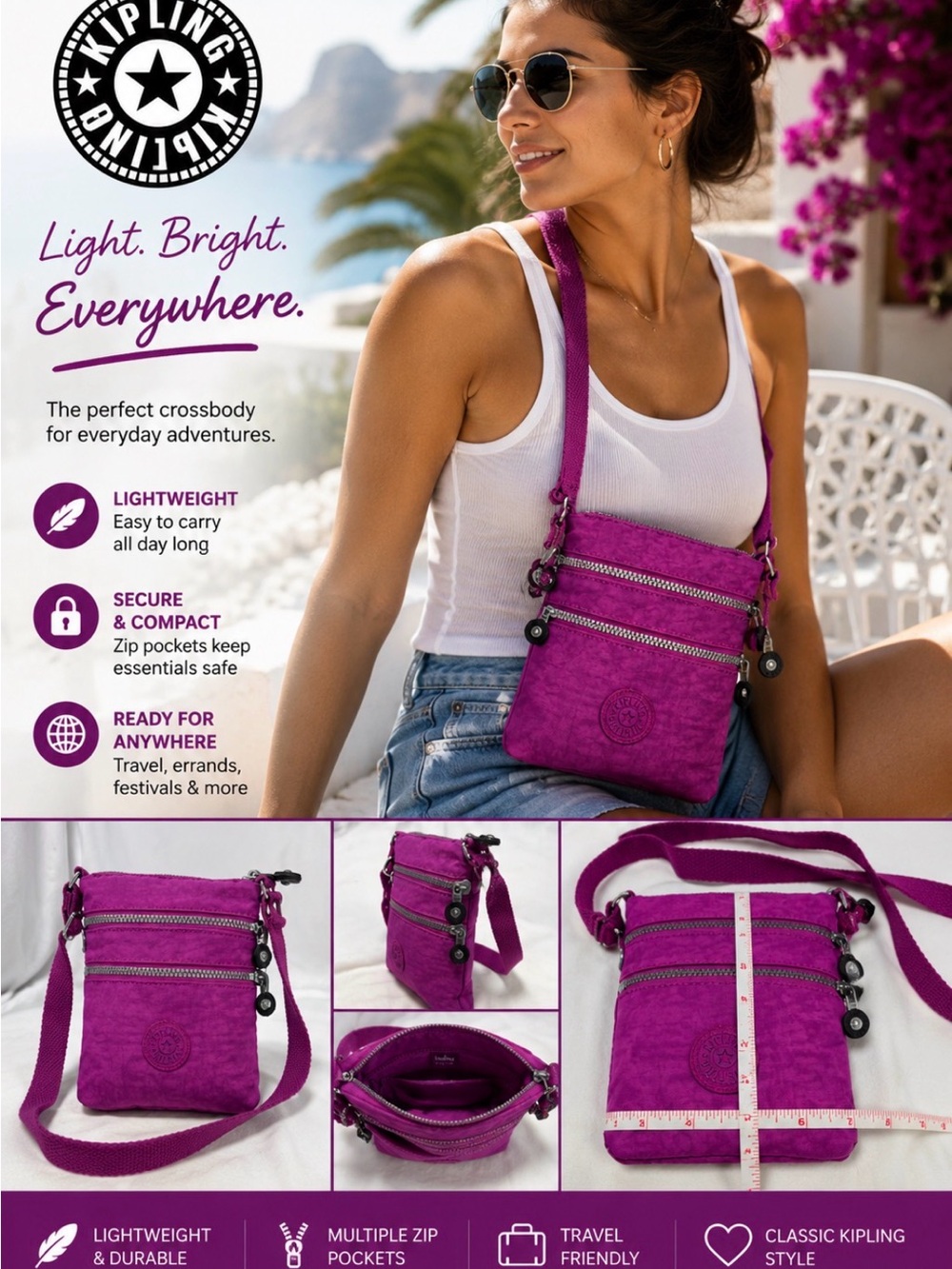 Kipling Purple Crossbody Bag | Nylon Multi-Zip Travel Purse - Picture 2 of 10